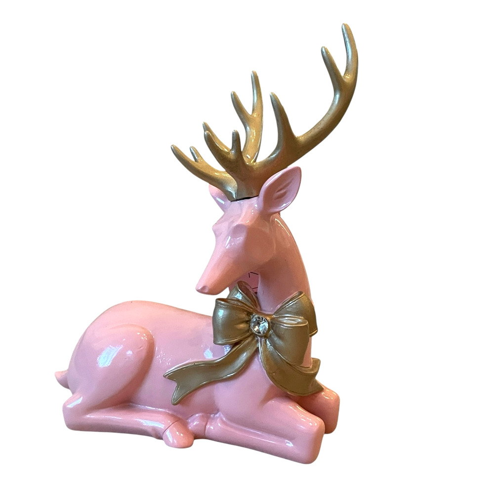 Rachel Zoe Pink Christmas Sitting Reindeer w/ Gold  Rhinestone Bow 9x7 NEW